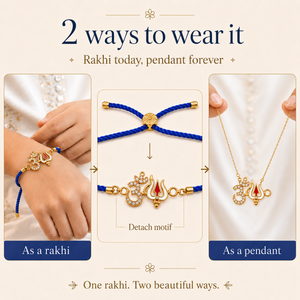 18K Gold Plated Rakhi Stone-Studded Om Trishul Motif Religious Rakhi - House of Viya