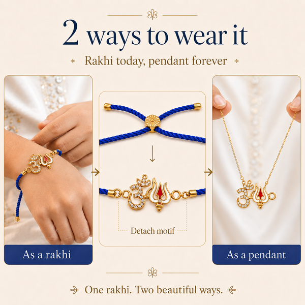 18K Gold Plated Rakhi Stone-Studded Om Trishul Motif Religious Rakhi - House of Viya