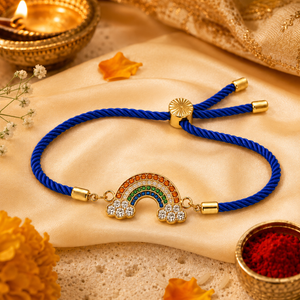 18K Gold Plated Rakhi Stone-Studded Rainbow Motif Charm Design Rakhi - House of Viya