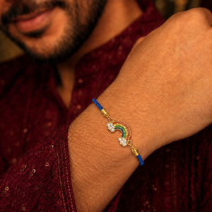 18K Gold Plated Rakhi Stone-Studded Rainbow Motif Charm Design Rakhi - House of Viya