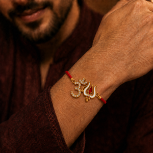 18K Gold Plated Rakhi Stone-Studded Om Trishul Motif Religious Rakhi - House of Viya