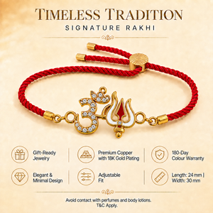 18K Gold Plated Rakhi Stone-Studded Om Trishul Motif Religious Rakhi - House of Viya