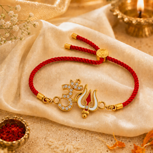 18K Gold Plated Rakhi Stone-Studded Om Trishul Motif Religious Rakhi - House of Viya