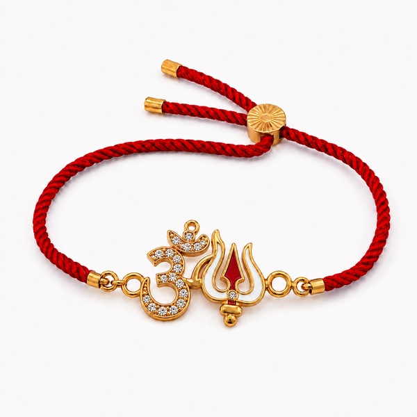 18K Gold Plated Rakhi Stone-Studded Om Trishul Motif Religious Rakhi - House of Viya