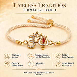 18K Gold Plated Rakhi Stone-Studded Om Trishul Motif Religious Rakhi - House of Viya