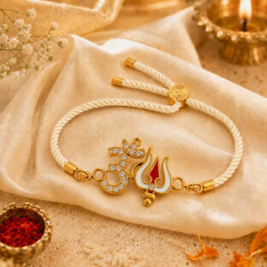 18K Gold Plated Rakhi Stone-Studded Om Trishul Motif Religious Rakhi - House of Viya
