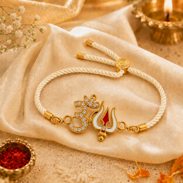 18K Gold Plated Rakhi Stone-Studded Om Trishul Motif Religious Rakhi - House of Viya