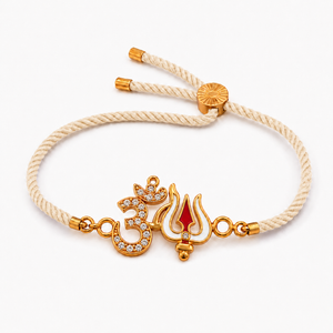 18K Gold Plated Rakhi Stone-Studded Om Trishul Motif Religious Rakhi - House of Viya