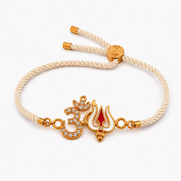 18K Gold Plated Rakhi Stone-Studded Om Trishul Motif Religious Rakhi - House of Viya