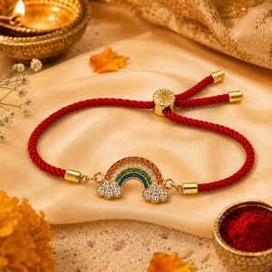 18K Gold Plated Rakhi Stone-Studded Rainbow Motif Charm Design Rakhi - House of Viya