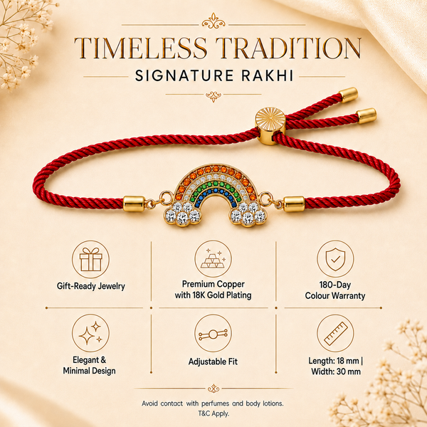 18K Gold Plated Rakhi Stone-Studded Rainbow Motif Charm Design Rakhi - House of Viya