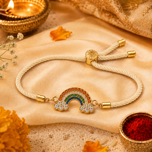 18K Gold Plated Rakhi Stone-Studded Rainbow Motif Charm Design Rakhi - House of Viya