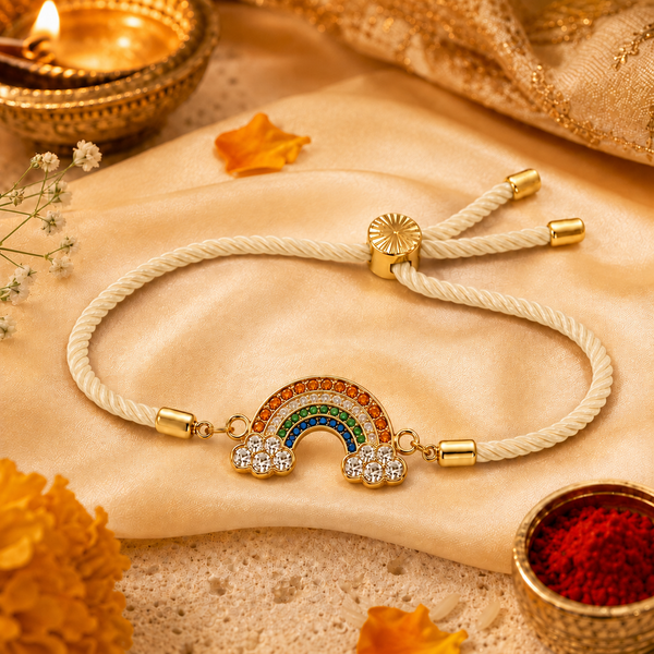 18K Gold Plated Rakhi Stone-Studded Rainbow Motif Charm Design Rakhi - House of Viya
