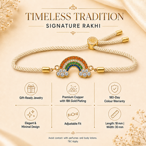 18K Gold Plated Rakhi Stone-Studded Rainbow Motif Charm Design Rakhi - House of Viya