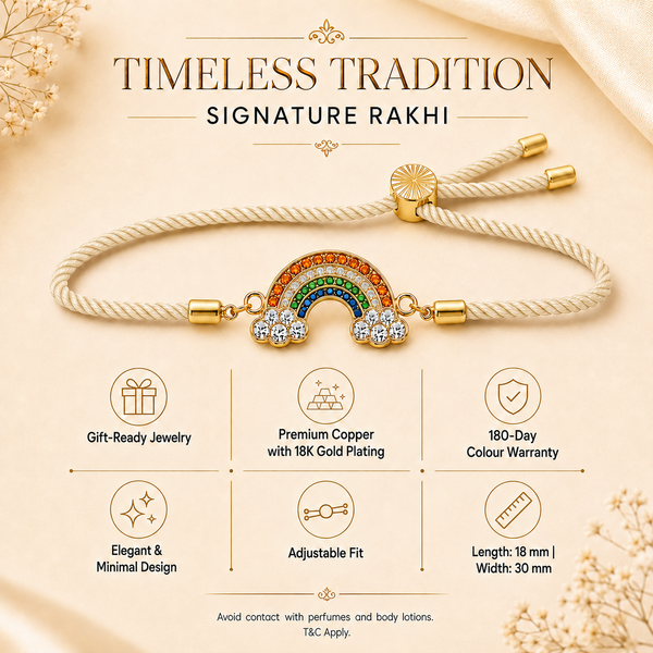 18K Gold Plated Rakhi Stone-Studded Rainbow Motif Charm Design Rakhi - House of Viya