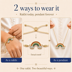 18K Gold Plated Rakhi Stone-Studded Rainbow Motif Charm Design Rakhi - House of Viya