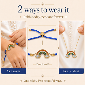 18K Gold Plated Rakhi Stone-Studded Rainbow Motif Charm Design Rakhi - House of Viya