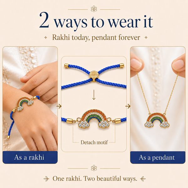 18K Gold Plated Rakhi Stone-Studded Rainbow Motif Charm Design Rakhi - House of Viya