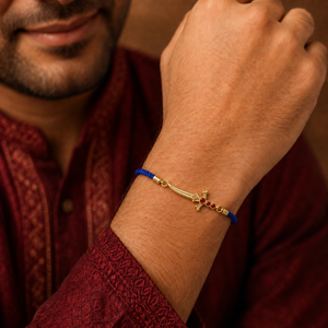 18K Gold Plated Rakhi Stone-Studded Sword Motif Traditional Design Rakhi - House of Viya