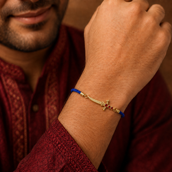 18K Gold Plated Rakhi Stone-Studded Sword Motif Traditional Design Rakhi - House of Viya