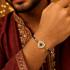 18K Gold Plated Rakhi Stone-Studded Shield Motif Charm Design Rakhi - House of Viya