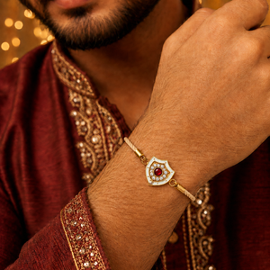 18K Gold Plated Rakhi Stone-Studded Shield Motif Charm Design Rakhi - House of Viya