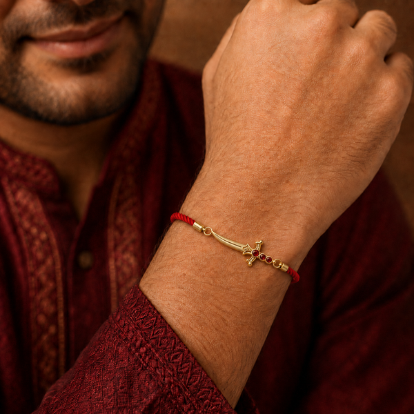 18K Gold Plated Rakhi Stone-Studded Sword Motif Traditional Design Rakhi - House of Viya