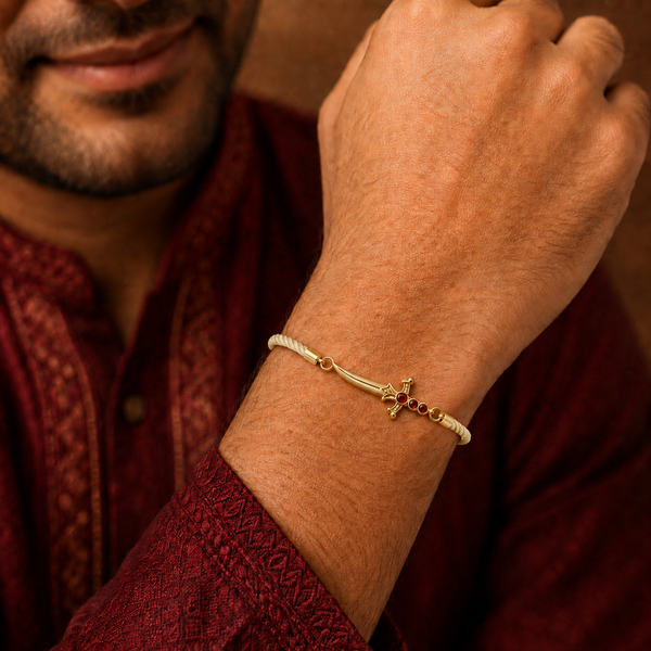 18K Gold Plated Rakhi Stone-Studded Sword Motif Traditional Design Rakhi - House of Viya