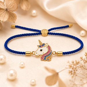 18K Gold Plated Rakhi Stone-Studded Unicorn Motif Kids Character Rakhi - House of Viya