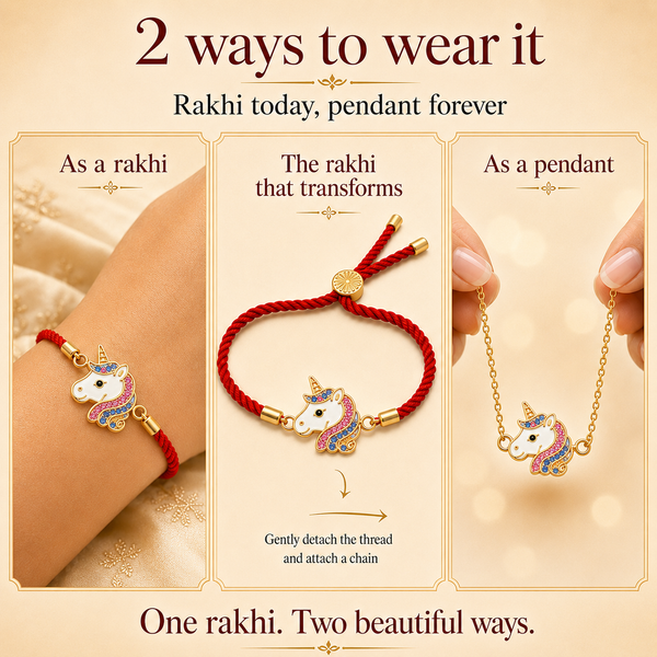 18K Gold Plated Rakhi Stone-Studded Unicorn Motif Kids Character Rakhi - House of Viya