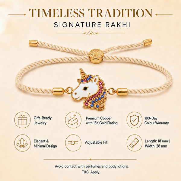 18K Gold Plated Rakhi Stone-Studded Unicorn Motif Kids Character Rakhi - House of Viya