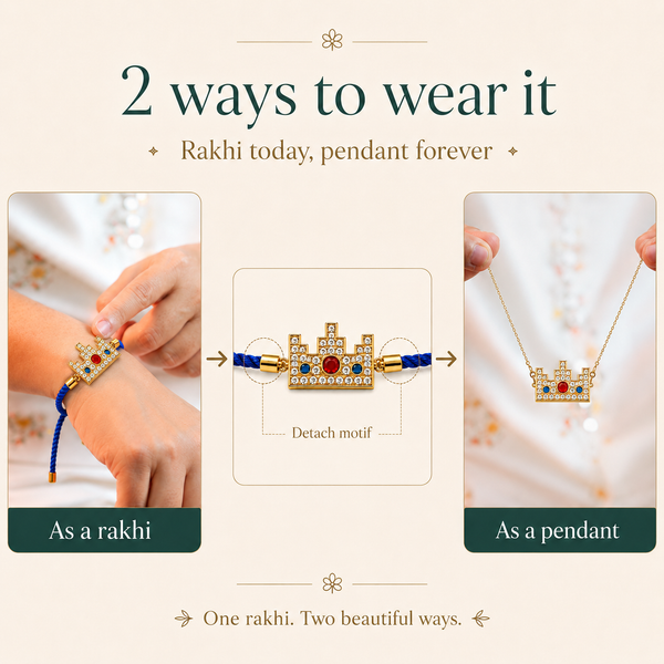 18K Gold Plated Rakhi Stone-Studded Pixel Crown Motif Charm Rakhi - House of Viya
