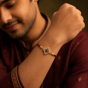 18K Gold Plated Rakhi Stone-Studded Diamond Square Geometric Motif Rakhi - House of Viya