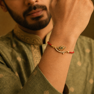 18K Gold Plated Rakhi Stone-Studded Feather Motif Charm Design Rakhi - House of Viya