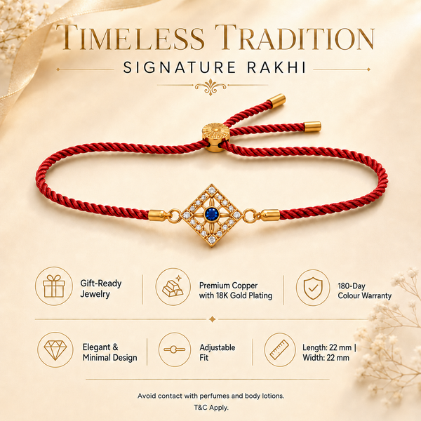 18K Gold Plated Rakhi Stone-Studded Diamond Square Geometric Motif Rakhi - House of Viya