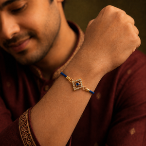 18K Gold Plated Rakhi Stone-Studded Diamond Square Geometric Motif Rakhi - House of Viya