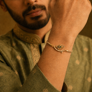 18K Gold Plated Rakhi Stone-Studded Feather Motif Charm Design Rakhi - House of Viya
