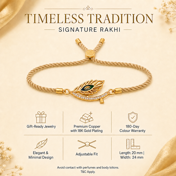 18K Gold Plated Rakhi Stone-Studded Feather Motif Charm Design Rakhi - House of Viya