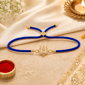 18K Gold Plated Rakhi Stone-Studded Trishul CZ Motif Religious Rakhi - House of Viya