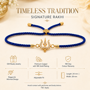 18K Gold Plated Rakhi Stone-Studded Trishul CZ Motif Religious Rakhi - House of Viya