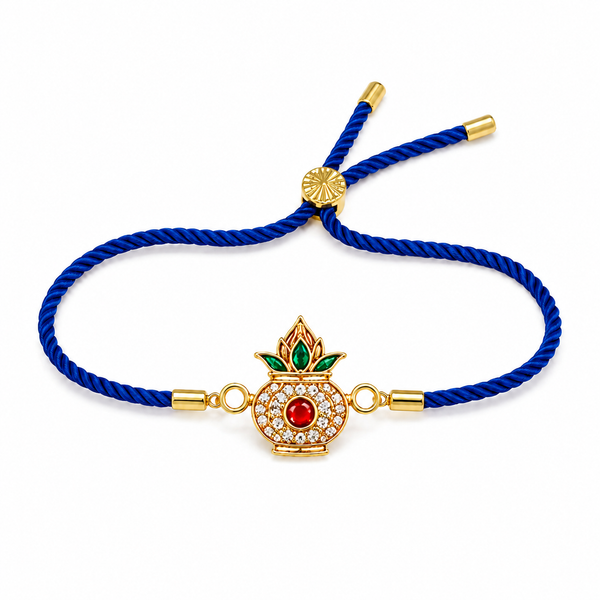 18K Gold Plated Rakhi Stone-Studded Kalash Motif Religious Traditional Rakhi - House of Viya