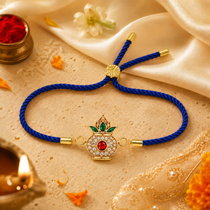 18K Gold Plated Rakhi Stone-Studded Kalash Motif Religious Traditional Rakhi - House of Viya
