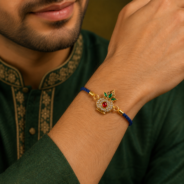 18K Gold Plated Rakhi Stone-Studded Kalash Motif Religious Traditional Rakhi - House of Viya