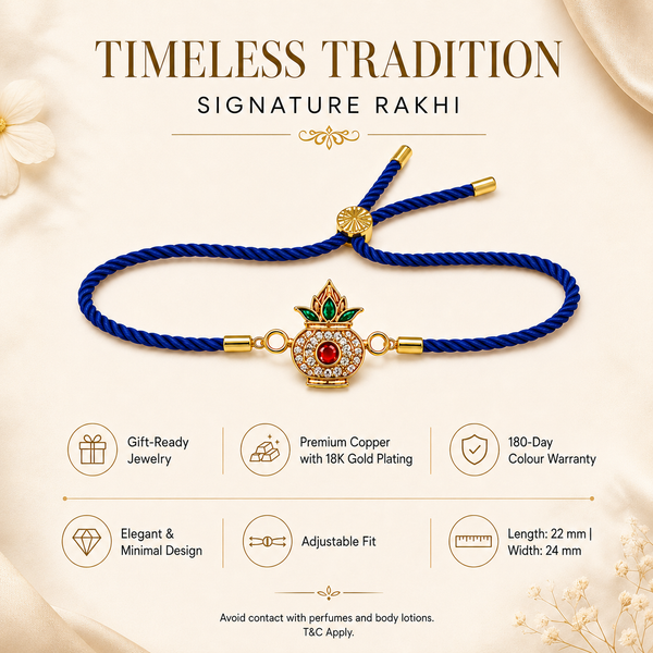 18K Gold Plated Rakhi Stone-Studded Kalash Motif Religious Traditional Rakhi - House of Viya