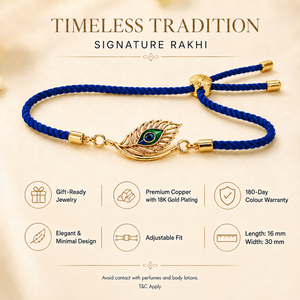 18K Gold Plated Rakhi Krishna Feather Motif Religious Traditional Rakhi - House of Viya