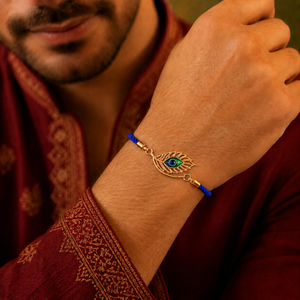18K Gold Plated Rakhi Krishna Feather Motif Religious Traditional Rakhi - House of Viya