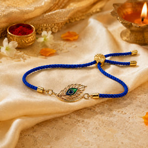 18K Gold Plated Rakhi Krishna Feather Motif Religious Traditional Rakhi - House of Viya