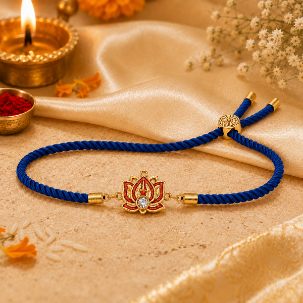 18K Gold Plated Rakhi Stone-Studded Lotus Floral Motif Design Rakhi - House of Viya