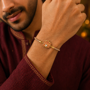 18K Gold Plated Rakhi Stone-Studded Lotus Floral Motif Design Rakhi - House of Viya