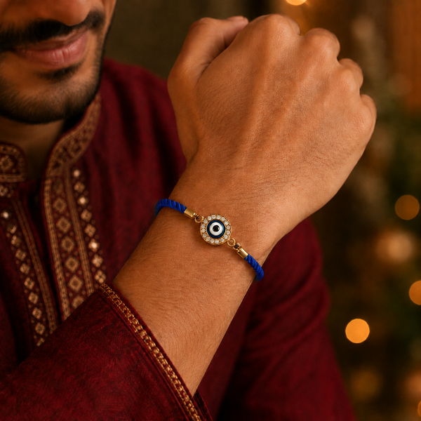 18K Gold Plated Rakhi Stone-Studded Nazar Evil Eye Motif Design Rakhi - House of Viya